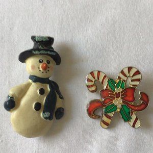 Set of two Christmas themed pins; Snowman & Candy Canes wrapped in a bow